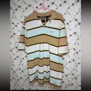 Enyce Men's Polo Shirt with Tan, Green, and White Stripes